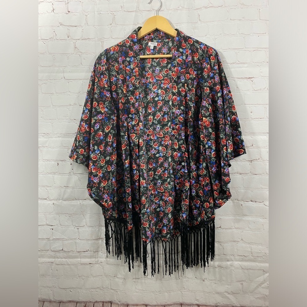 Marisol Kimono Womens Size Medium Bell Sleeve Black Floral Fringed Open Front